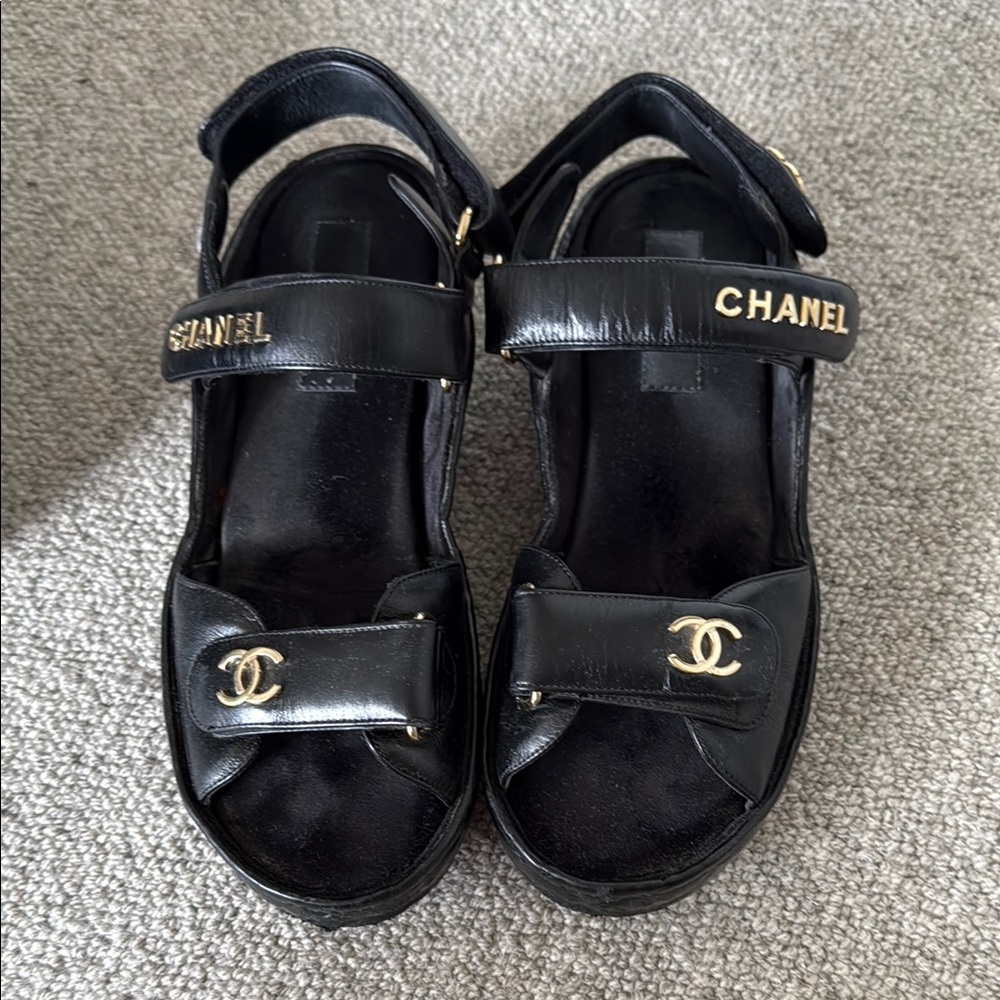 Chanel Black Sandals with Gold Logo